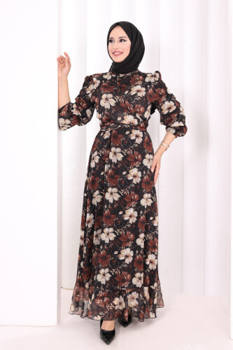 Belden Bağlamalı Desenli Elbise 6075 Siyah - 2
