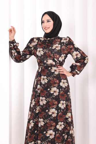Belden Bağlamalı Desenli Elbise 6075 Siyah - 5