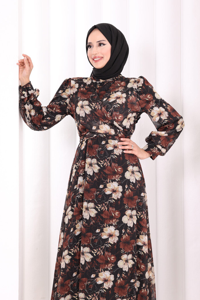 Belden Bağlamalı Desenli Elbise 6075 Siyah - 5