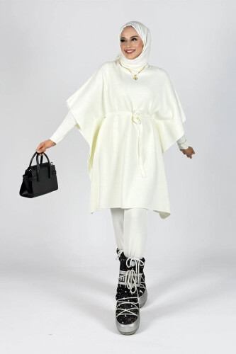 Belden Bağlamalı Panço 18308 Ekru - Bym Fashion