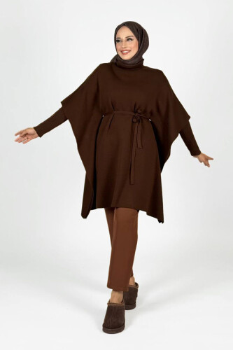 Belden Bağlamalı Panço 18308 Kahverengi - Bym Fashion