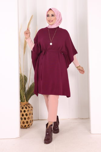 Belden Bağlamalı Panço 18308 Mürdüm - Bym Fashion