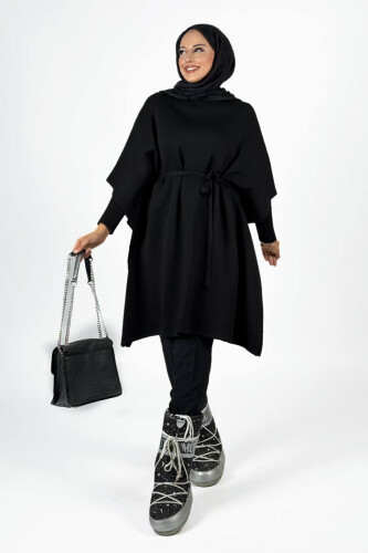 Belden Bağlamalı Panço 18308 Siyah - Bym Fashion
