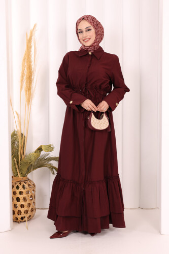 Belden Latikli Boydan Düğmeli Elbise 6062 Bordo 