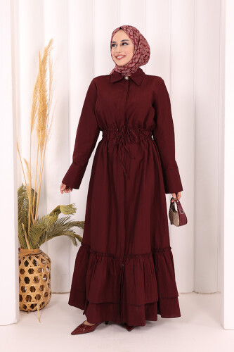 Belden Latikli Boydan Düğmeli Elbise 6062 Bordo - 2