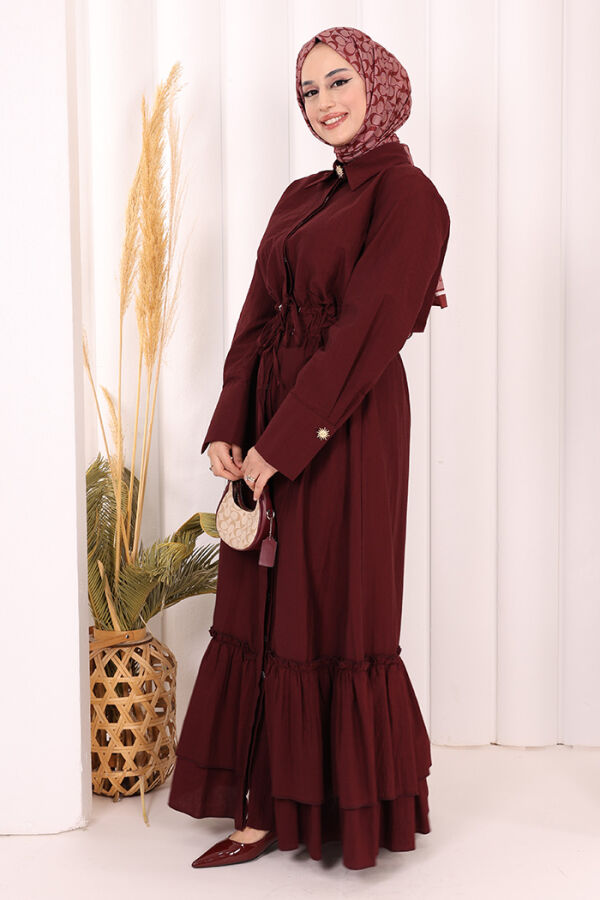 Belden Latikli Boydan Düğmeli Elbise 6062 Bordo - 3
