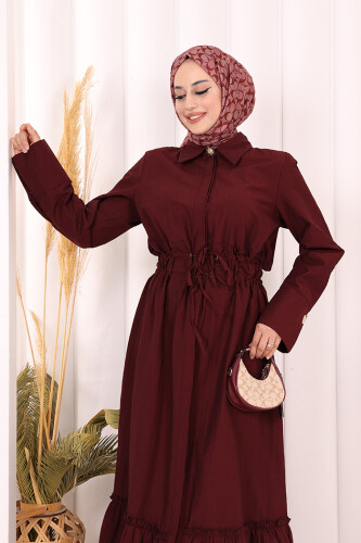 Belden Latikli Boydan Düğmeli Elbise 6062 Bordo - 5