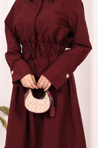 Belden Latikli Boydan Düğmeli Elbise 6062 Bordo - 6