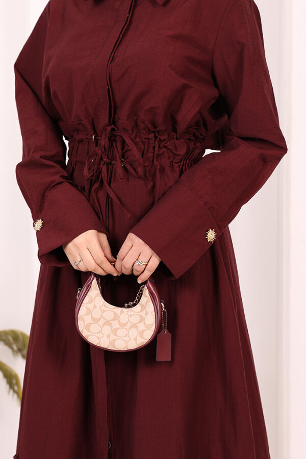 Belden Latikli Boydan Düğmeli Elbise 6062 Bordo - 6