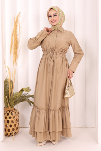 Belden Latikli Boydan Düğmeli Elbise 6062 Camel 