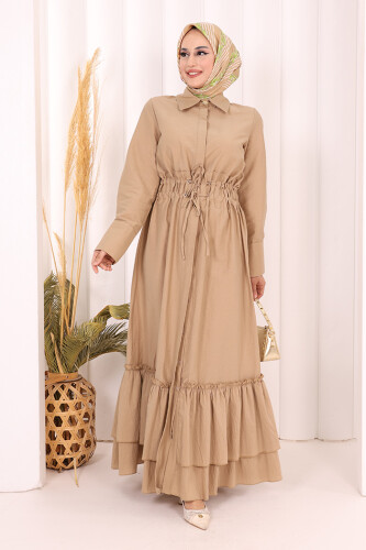 Belden Latikli Boydan Düğmeli Elbise 6062 Camel - 2