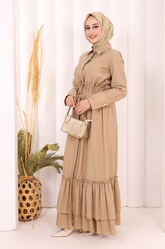 Belden Latikli Boydan Düğmeli Elbise 6062 Camel - 3