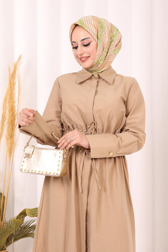 Belden Latikli Boydan Düğmeli Elbise 6062 Camel - 5