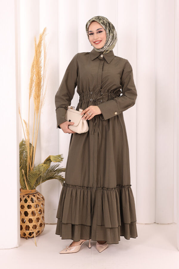 Belden Latikli Boydan Düğmeli Elbise 6062 Haki - 1