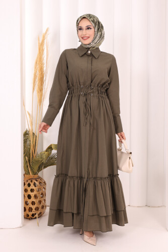 Belden Latikli Boydan Düğmeli Elbise 6062 Haki - 2