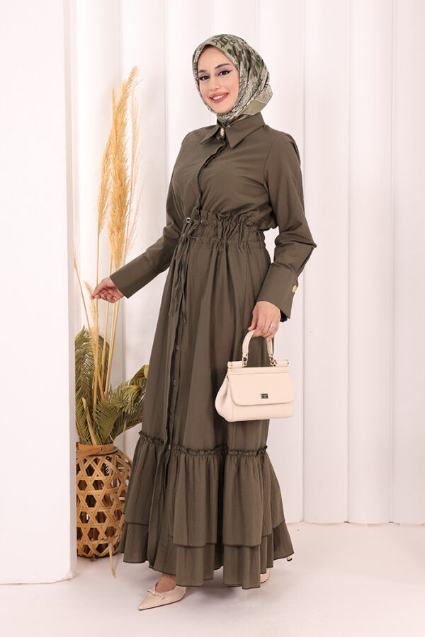 Belden Latikli Boydan Düğmeli Elbise 6062 Haki - 3