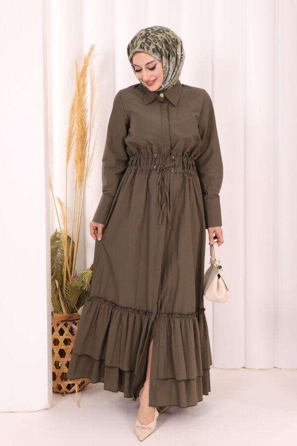 Belden Latikli Boydan Düğmeli Elbise 6062 Haki - 4