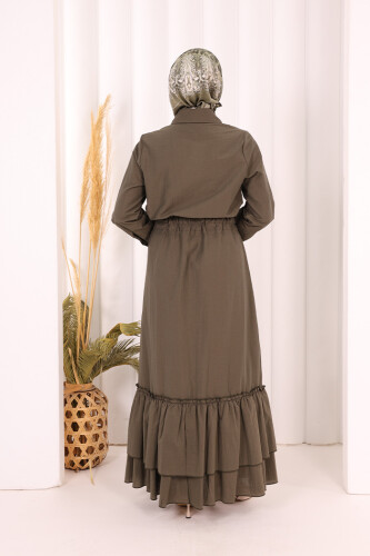 Belden Latikli Boydan Düğmeli Elbise 6062 Haki - 5