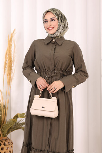 Belden Latikli Boydan Düğmeli Elbise 6062 Haki - 6