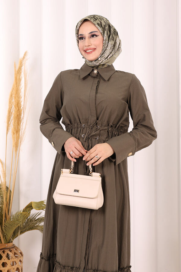 Belden Latikli Boydan Düğmeli Elbise 6062 Haki - 6