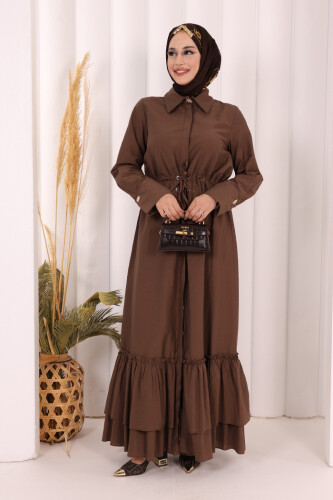 Belden Latikli Boydan Düğmeli Elbise 6062 Kahverengi 