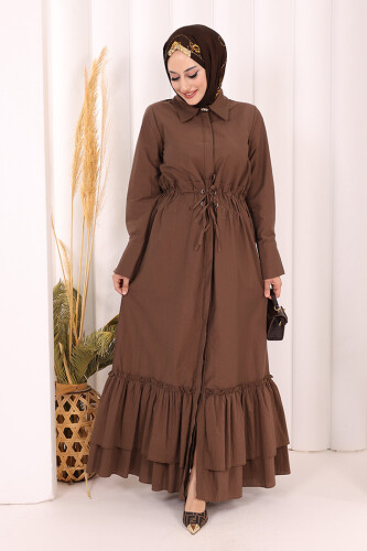 Belden Latikli Boydan Düğmeli Elbise 6062 Kahverengi - 2