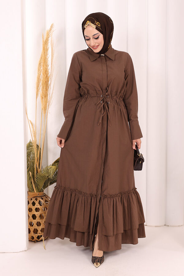 Belden Latikli Boydan Düğmeli Elbise 6062 Kahverengi - 2