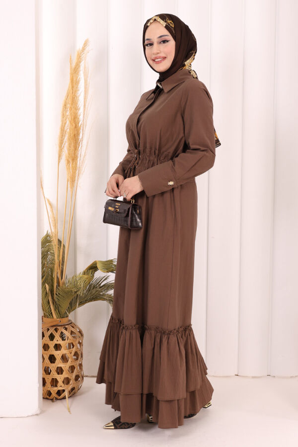 Belden Latikli Boydan Düğmeli Elbise 6062 Kahverengi - 3