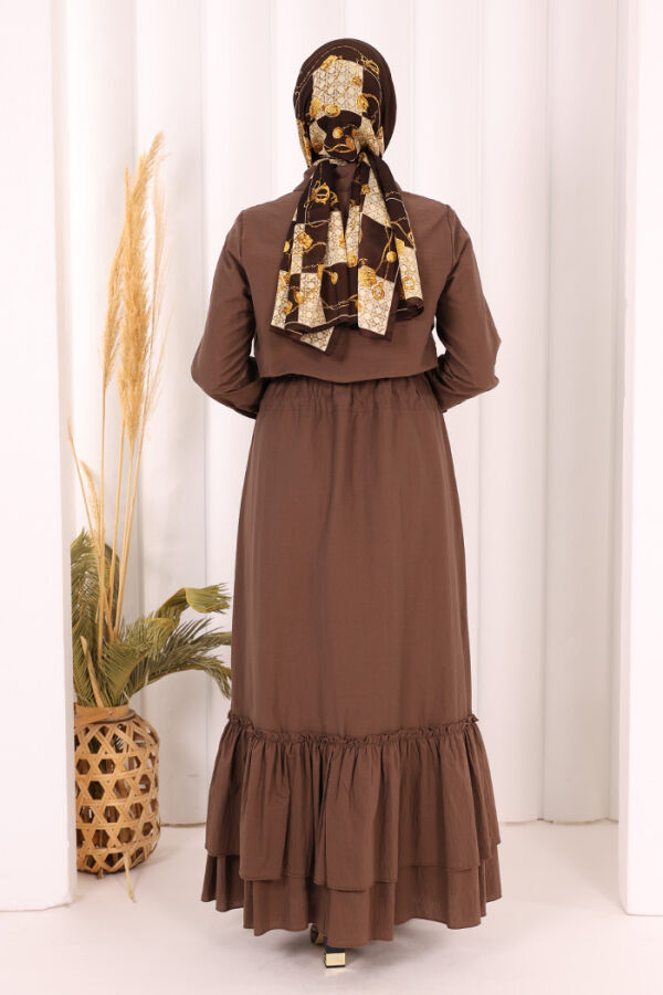 Belden Latikli Boydan Düğmeli Elbise 6062 Kahverengi - 4