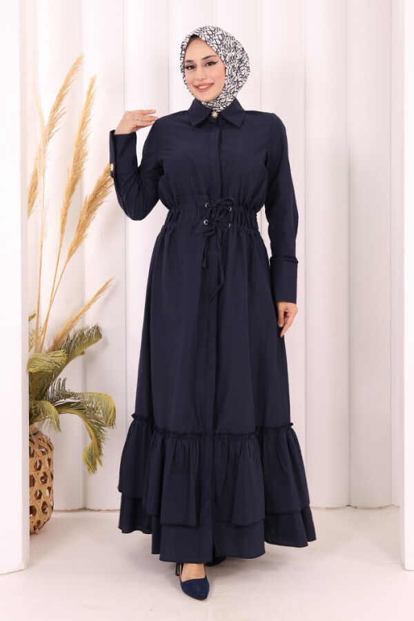 Belden Latikli Boydan Düğmeli Elbise 6062 Lacivert - 2