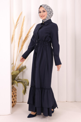 Belden Latikli Boydan Düğmeli Elbise 6062 Lacivert - 3