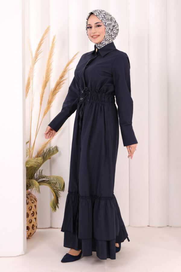 Belden Latikli Boydan Düğmeli Elbise 6062 Lacivert - 3