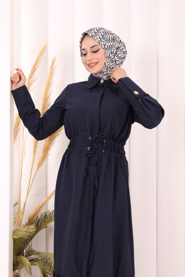 Belden Latikli Boydan Düğmeli Elbise 6062 Lacivert - 5