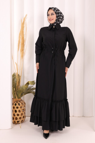 Belden Latikli Boydan Düğmeli Elbise 6062 Siyah - 3