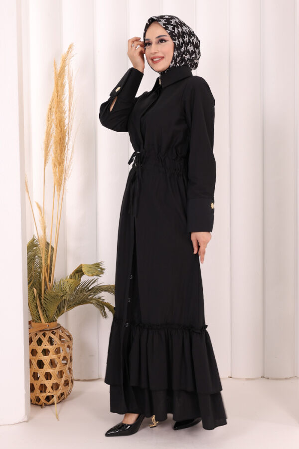 Belden Latikli Boydan Düğmeli Elbise 6062 Siyah - 4