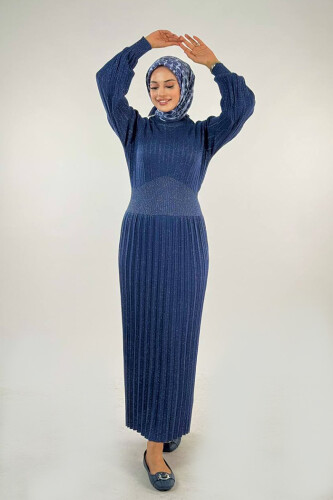 Beli Lastikli Simli Triko Elbise 18322 Lacivert - Bym Fashion