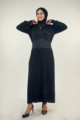 Beli Lastikli Simli Triko Elbise 18322 Siyah - Bym Fashion