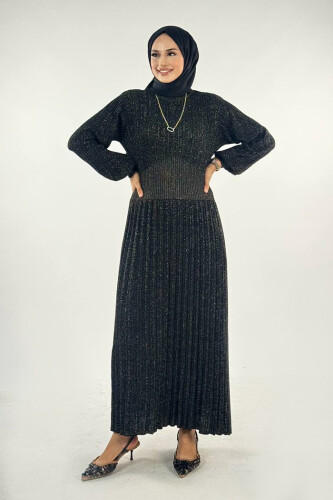 Beli Lastikli Simli Triko Elbise 18322 Siyah-Gold - Bym Fashion