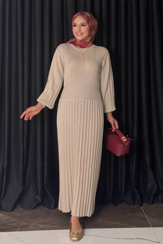 Beli Lastikli Simli Triko Elbise 18322 Taş - Bym Fashion