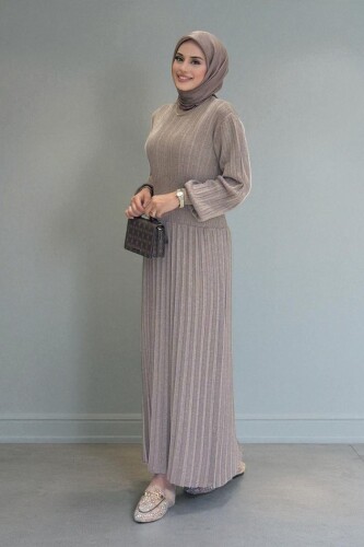 Beli Lastikli Simli Triko Elbise 18322 Vizon - Bym Fashion