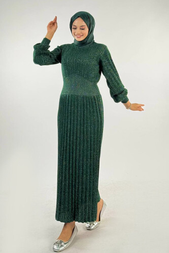 Beli Lastikli Simli Triko Elbise 18322 Zümrüt - Bym Fashion
