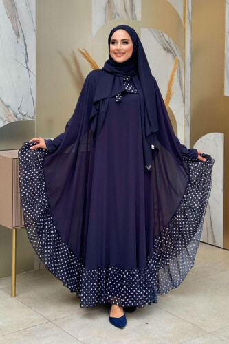 Benekli Yaka Detay Şifon Pelerinli Elbise Takım 3643 Lacivert - Bym Fashion