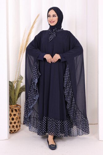 Benekli Yaka Detay Şifon Pelerinli Elbise Takım 3643 Lacivert 