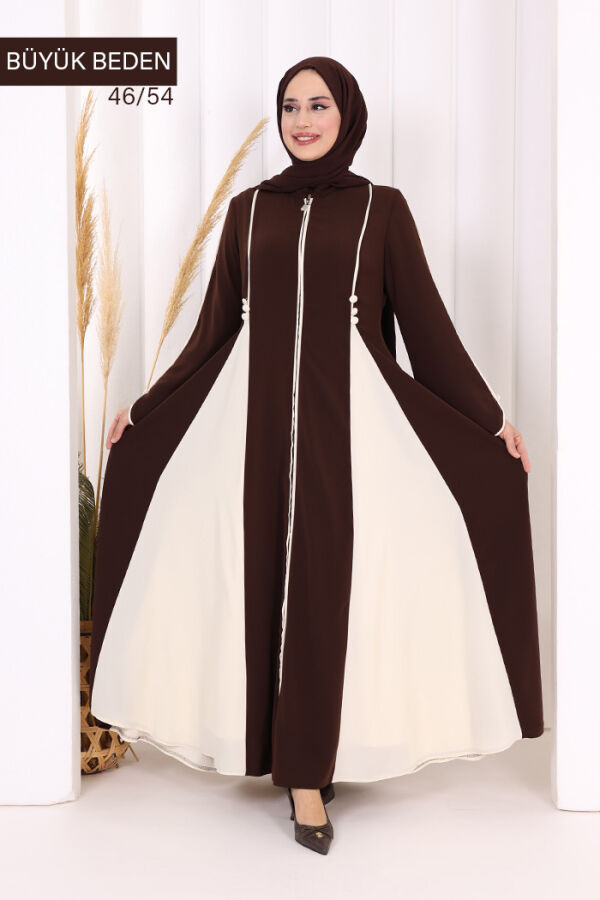 Biyeli Fermuarlı Ferace 7050-1 Kahverengi - 1