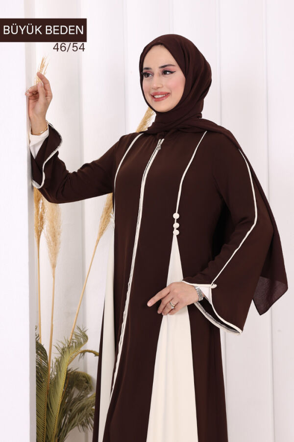 Biyeli Fermuarlı Ferace 7050-1 Kahverengi - 4