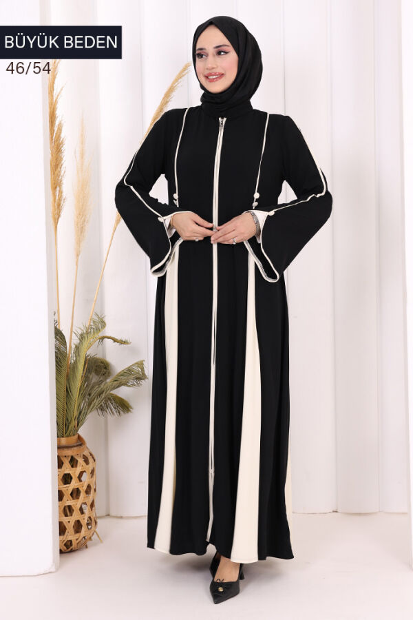 Biyeli Fermuarlı Ferace 7050-1 Siyah - 2