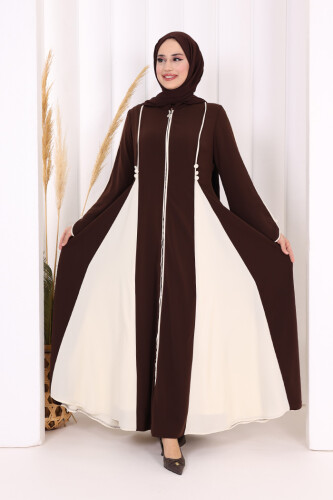 Dubai Biyeli Fermuarlı Ferace 7050 Kahverengi 