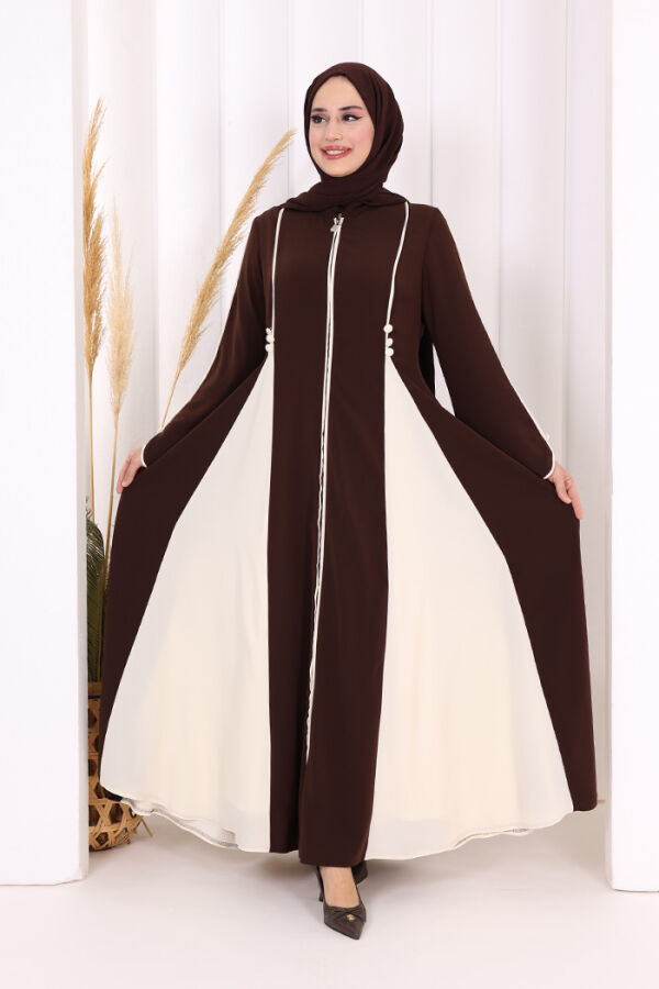 Dubai Biyeli Fermuarlı Ferace 7050 Kahverengi - 1