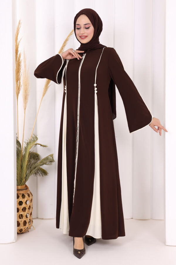 Dubai Biyeli Fermuarlı Ferace 7050 Kahverengi - 2