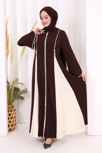 Dubai Biyeli Fermuarlı Ferace 7050 Kahverengi - 3